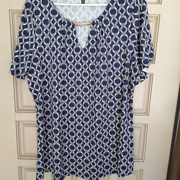Always Indigo Blouse Plus Sz2X Geometric Print Short Sleeve Metal Embellishment - Picture 1 of 8